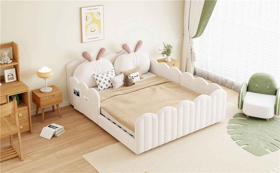 Letto imbottito con cuscino a coniglio, 140x200 cm, beige