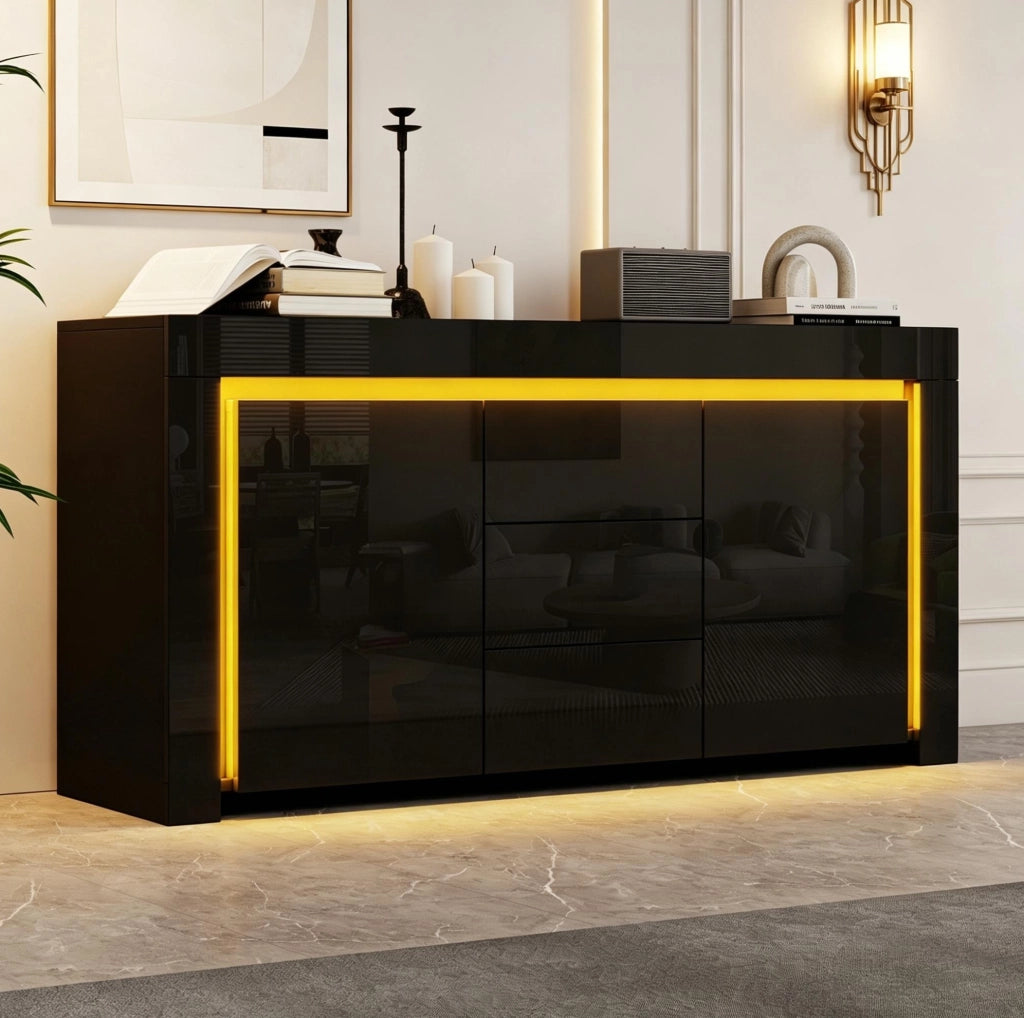 Sideboard moderno nero 140x40x65 cm con LED, 2 ante e 3 cassetti