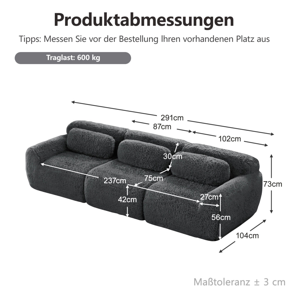 Divano modulare 3 posti in tessuto plush premium grigio con supporto ergonomico e base antiscivolo, senza montaggio, con cuscini