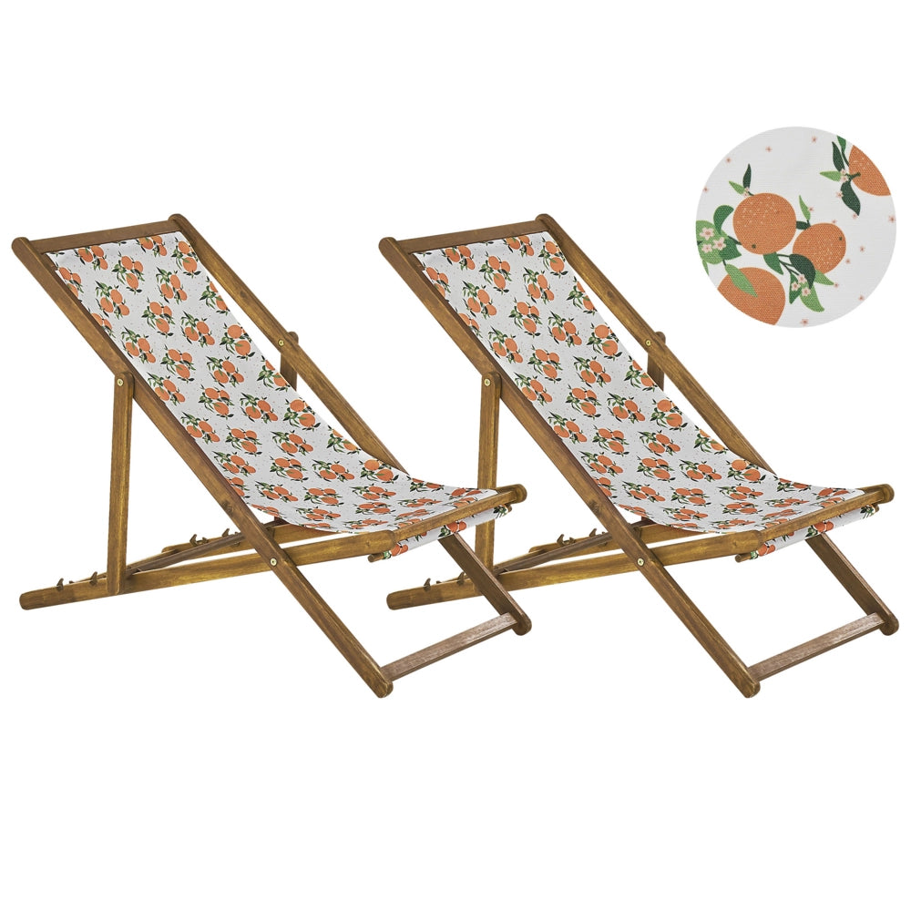 Set di 2 sedie a sdraio da giardino con struttura in legno di acacia chiaro motivo arance in tessuto amaca sedile reclinabile