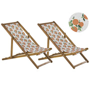 Set di 2 sedie a sdraio da giardino con struttura in legno di acacia chiaro motivo arance in tessuto amaca sedile reclinabile