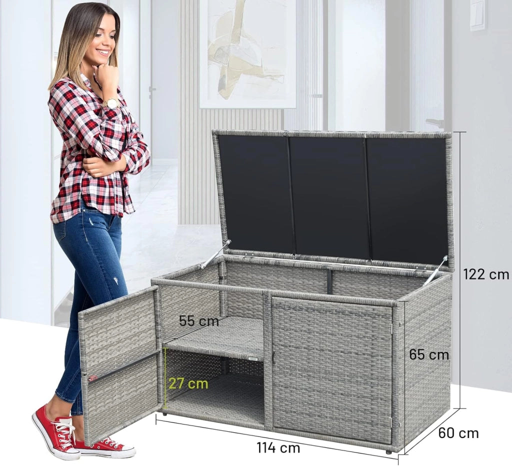 Baule Contenitore da 335L, con Coperchio e 2 Ripiani, Contenitore da Giardino con Telaio in Acciaio, Box per Conservazione di Attrezzi Giocattoli Accessori (Grigio)