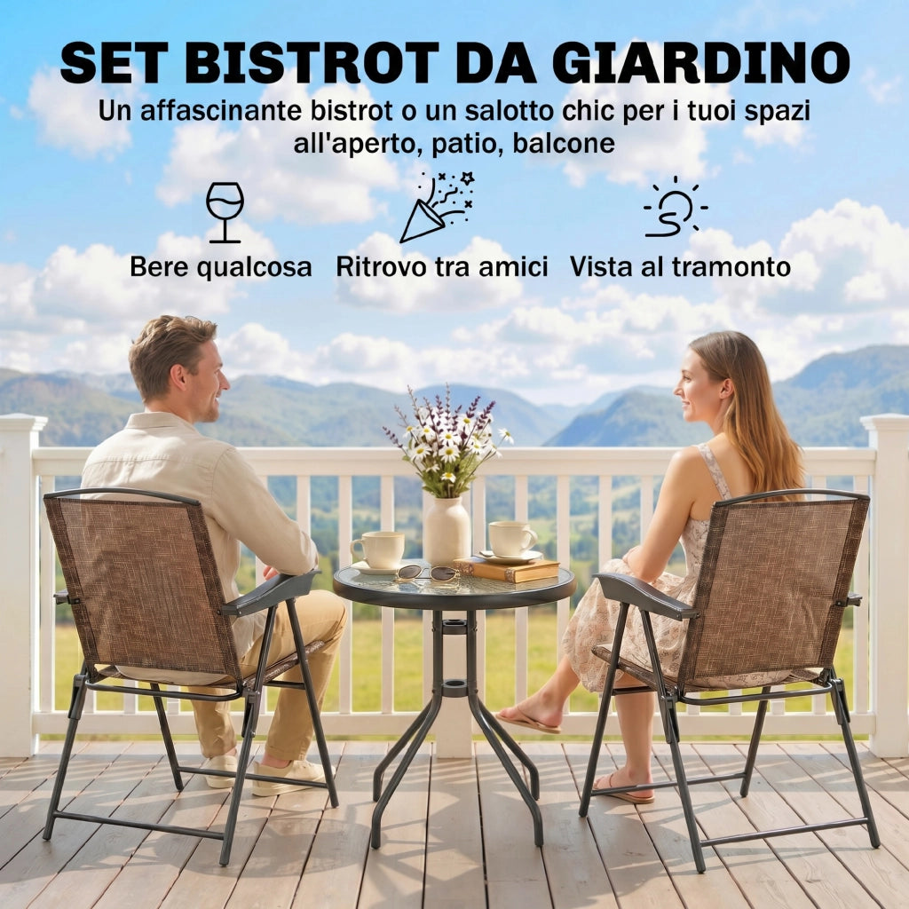 Tavolino con 2 Sedie Set Mobili 3pz Pieghevole Regolabile Esterno Textilene Marrone