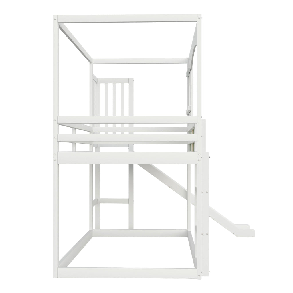 Letto a Castello Letto Singolo 90x200 cm con Rampa; Scala; Finestre; in Legno; Bianco
