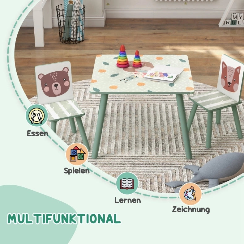 Tavolo per bambini con 2 sedie, verde, in legno