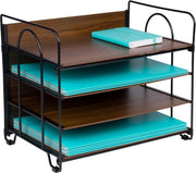 Organizzatore per scrivania a 4 livelli, organizzatore per scrivania nero con pannelli in stile legno, attrezzature per ufficio per carta, fatture, lettere, cassetto multifunzionale per scrivania e accessori