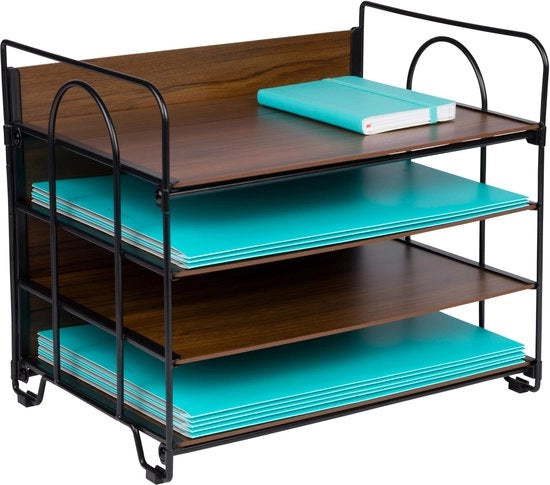 Organizzatore per scrivania a 4 livelli, organizzatore per scrivania nero con pannelli in stile legno, attrezzature per ufficio per carta, fatture, lettere, cassetto multifunzionale per scrivania e accessori