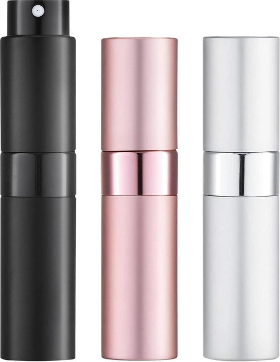 Spruzzatori di profumo in miniatura, 3 pezzi, flaconcini spray, contenitore di profumo, rimovibile (argento, rosa, nero)