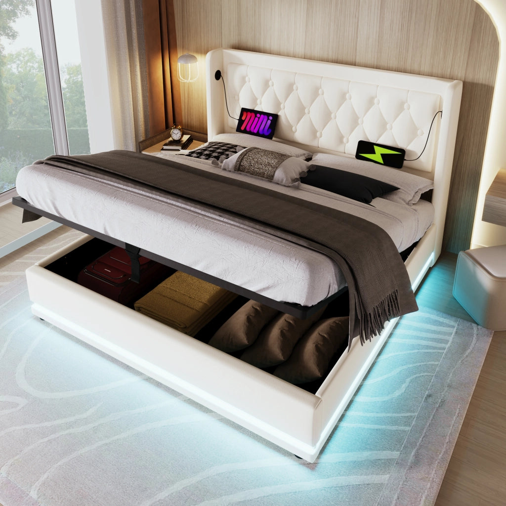 Letto Contenitore 160×200 cm; Matrimoniale con USB; USB-C e LED 3 Lati; senza Materasso; PU Bianco
