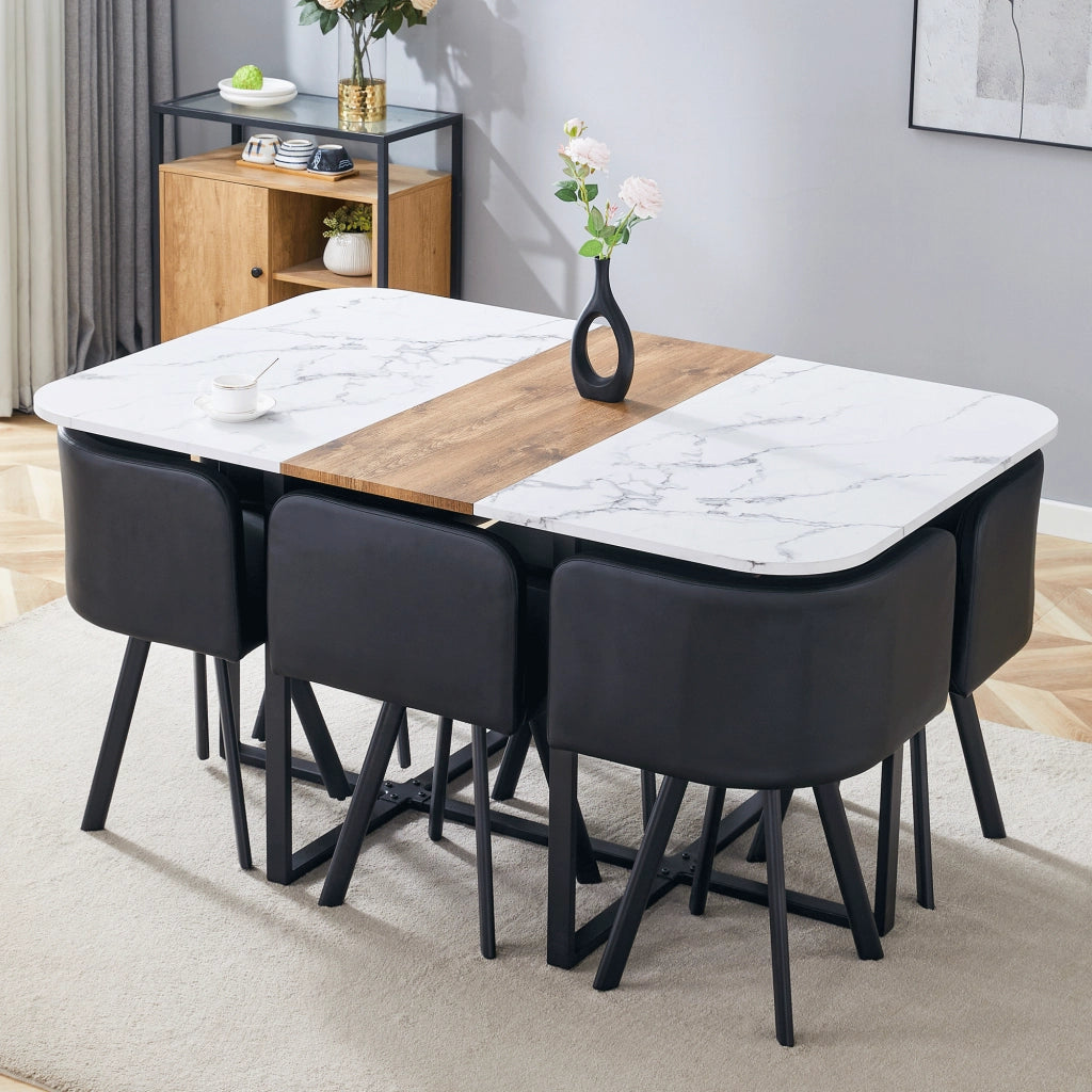 Set tavolo da pranzo allungabile con 4 sedie, struttura in MDF e metallo, bianco, nero e legno naturale per cucina e sala da pranzo