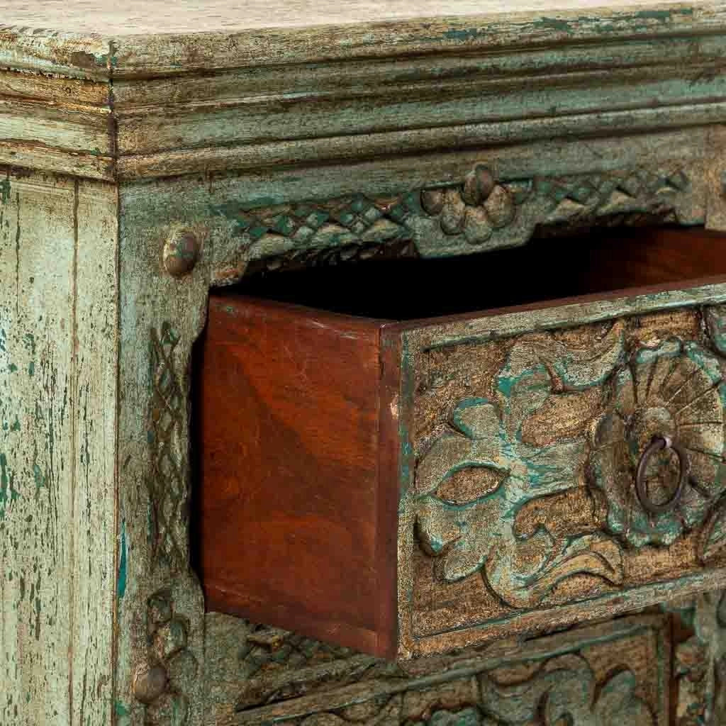 Comodino in legno artigianale, blu, con 2 cassetti, 50x40x60h cm