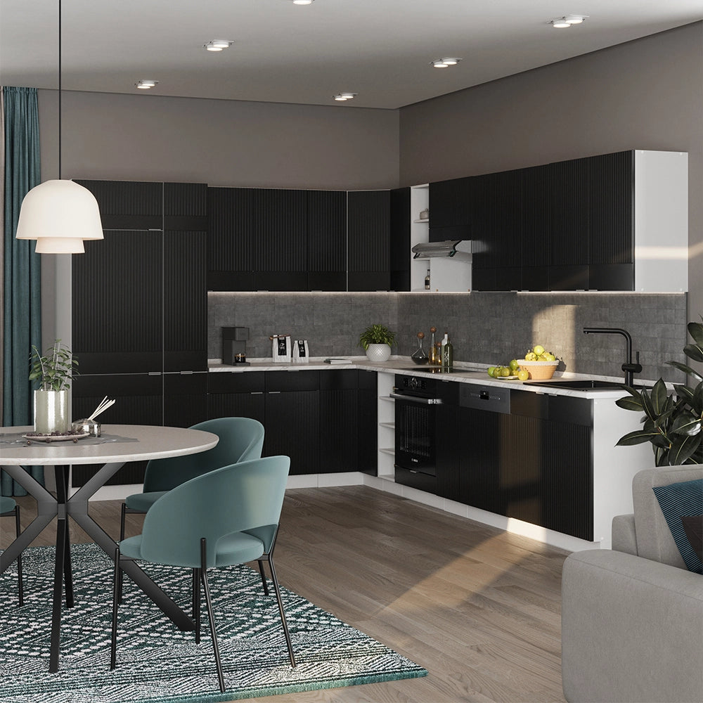 Cucina angolare completa Fame-Line Nero rigato/Bianco 347 x 60 cm, PL Rovere Vicco