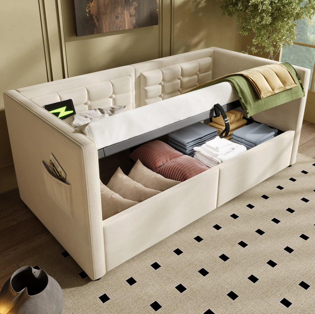 Divano letto 90x200 cm in velluto beige con contenitore， USB e Type-C， senza materasso