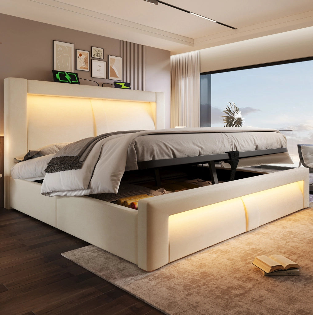 Letto matrimoniale 160x200 cm con contenitore; LED integrati; porte USB e Type-C; velluto beige