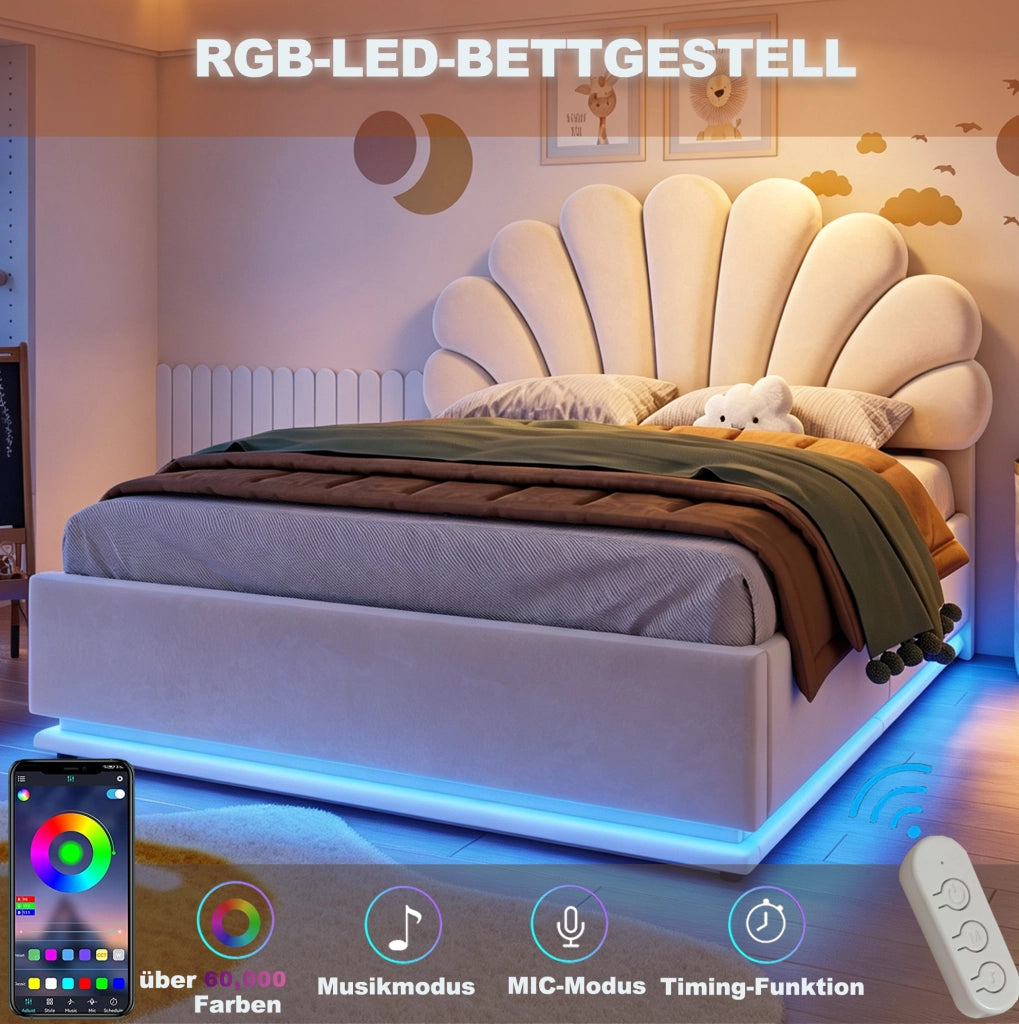 Letto imbottito beige 140 x 200 cm con vano contenitore e luci LED