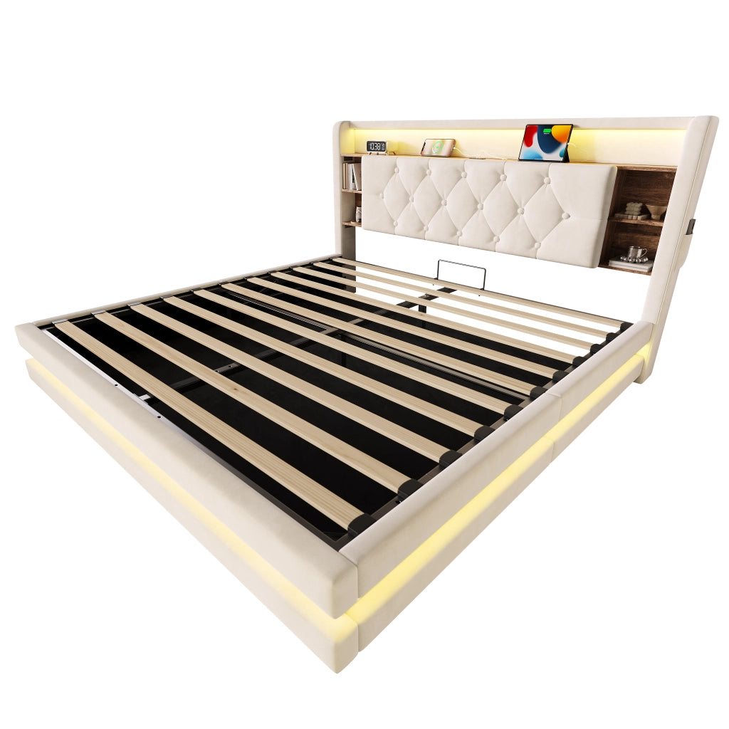 Letto Contenitore 160x200 cm; Letto Matrimoniale con LED; USB e Type-C; in Velluto Beige