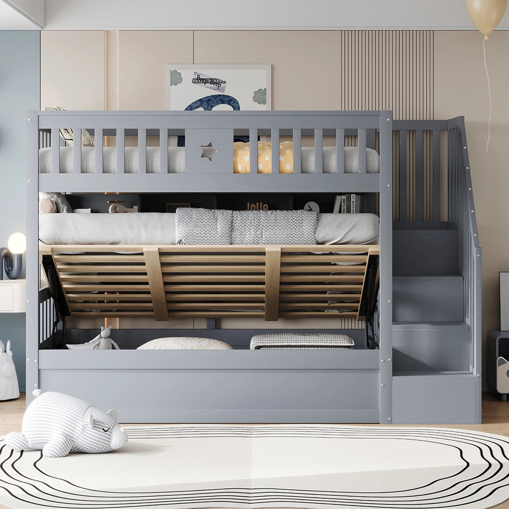Letto a Castello Legno Ragazzi – Xylo – 90x200cm Grigio, Base Idraulica, Scala con Ripostiglio, Scaffali