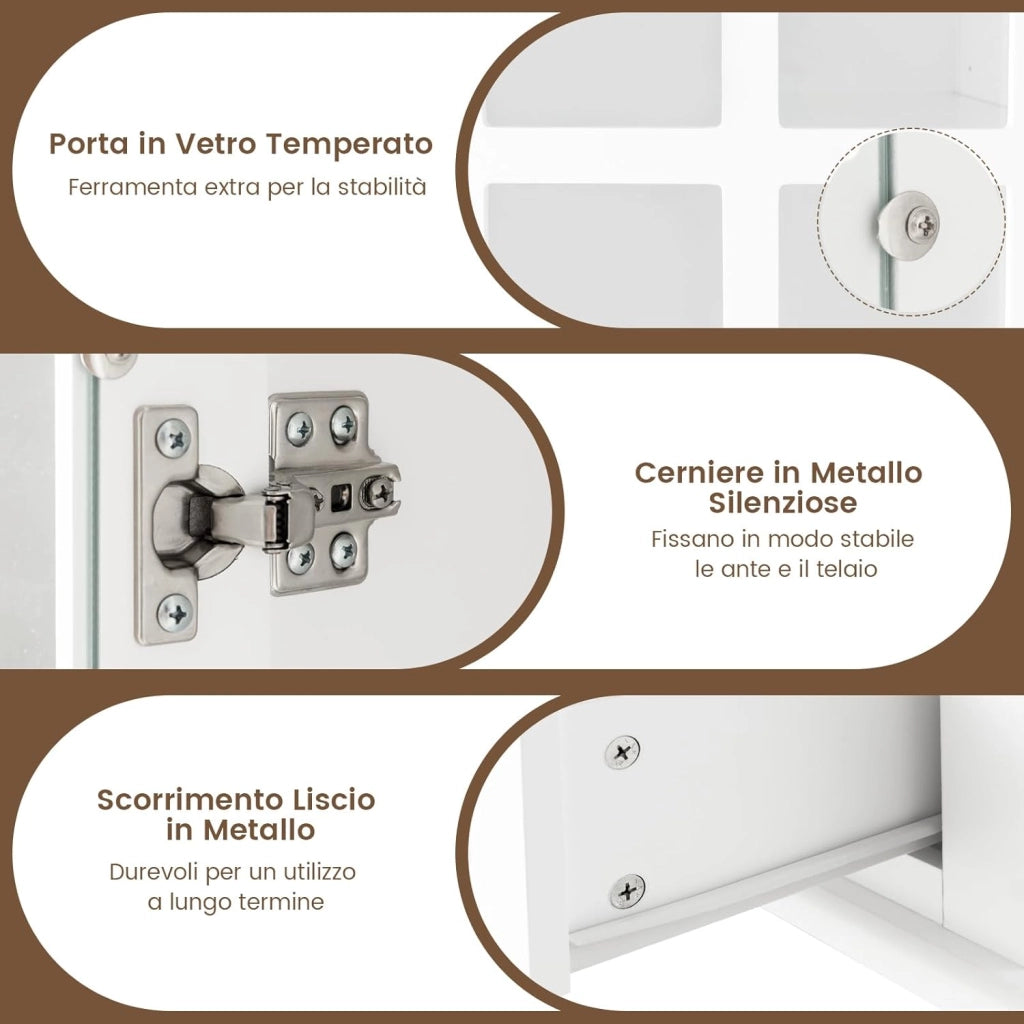 Mobile Libreria, Vetrinetta Espositiva Alta con Ante in Vetro Temperato, Libreria Verticale in legno con Ripiani Regolabili e Cassetto, per Soggiorno, Camera da Letto, 80 x 40 x 139 cm