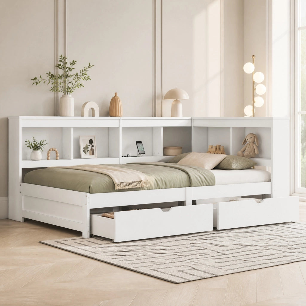 LETTO 90x200 cm con 2 cassetti, prese e 2 porte USB, Bianco