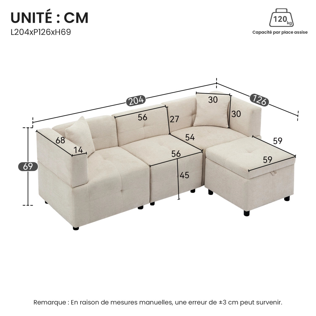 Divano ad Angolo Modulare 3 Posti con Vano Contenitore e Pouf Rimovibile con 2 Cuscini Struttura Stabile in Ciniglia Beige