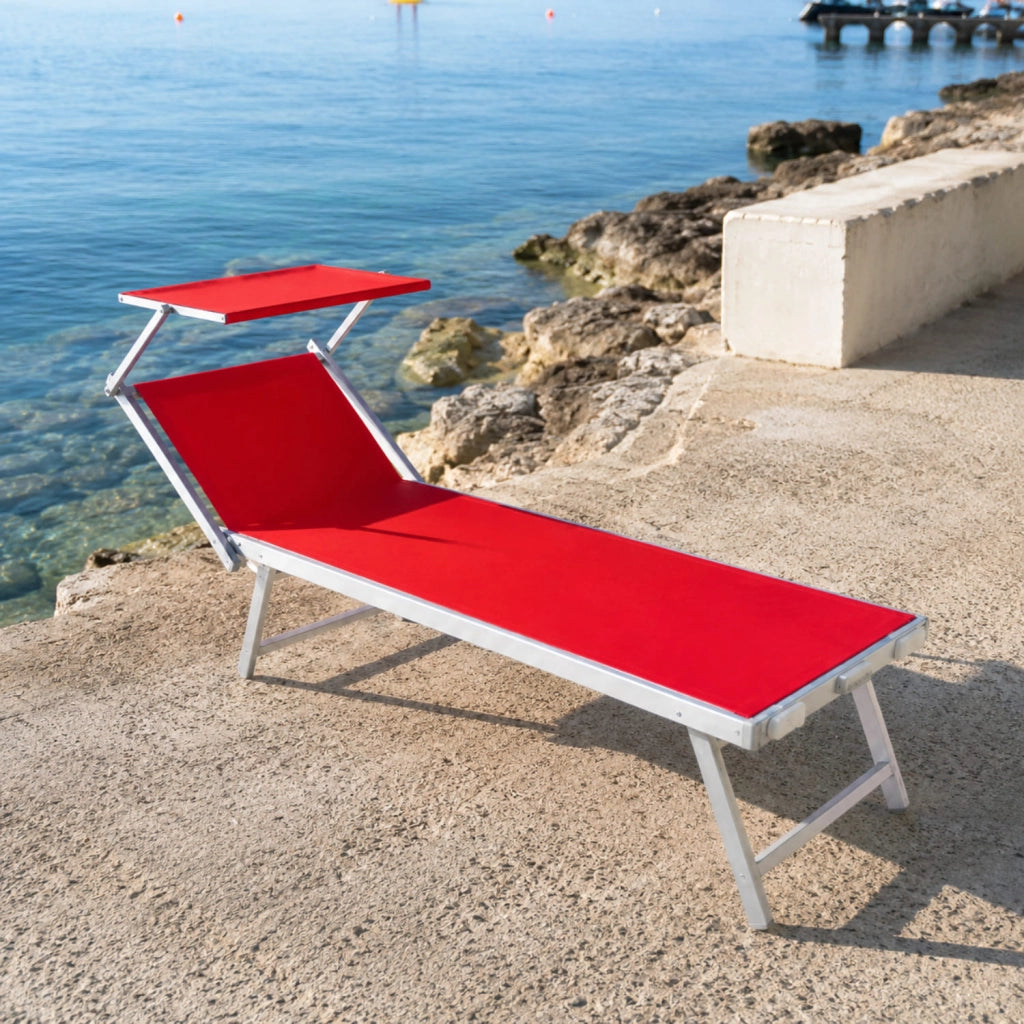 Lettino Prendisole Pieghevole Professionale In Alluminio E Tessuto Textilene Tettuccio Orientabile Tettino Parasole Sdraio Prendi Sole Mare Spiaggia Piscina Giardino 182 x 60 x 38 cm Rosso