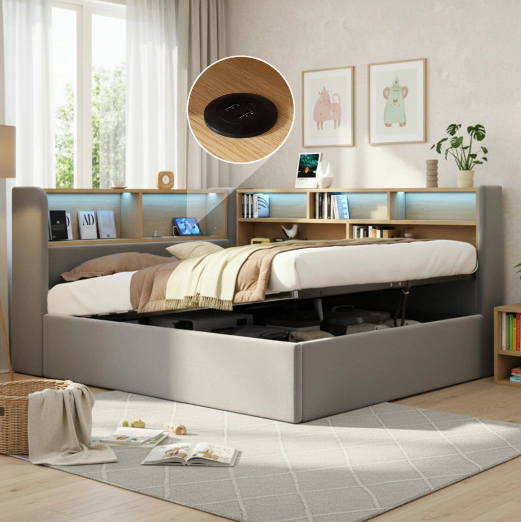 Letto contenitore imbottito in velluto grigio con LED; USB e Type-C