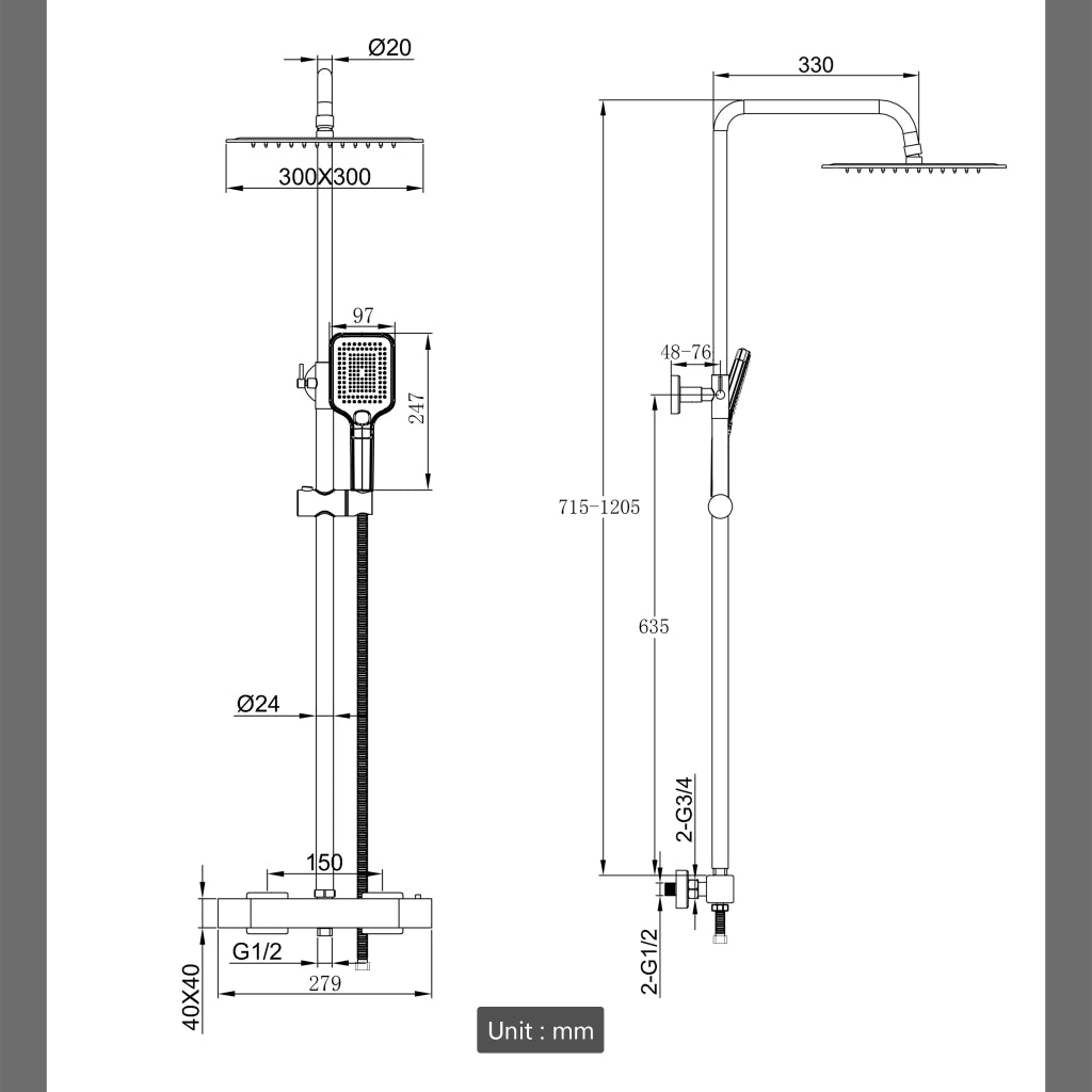Colonne doccia AICA ITALY, Miscelatore termostatico doccia con soffione quadrato 30x30cm in acciaio inox nero opaco