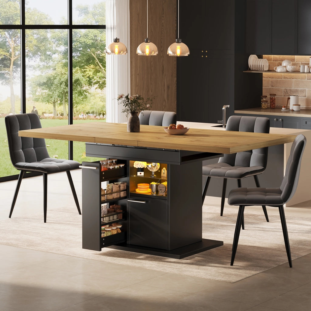 Tavolo da pranzo allungabile con vano contenitore e LED, ripiani in vetro, per 4-6 persone, in MDF nero 140 × 80 × 77,2 cm