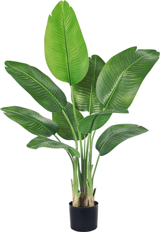 Pianta artificiale con foglie di banano, albero per decorazione di interni - Piantine artificiali, grande pianta da soffitto per interni con 9 steli (1, contenitore di pianta nero, 120 cm)