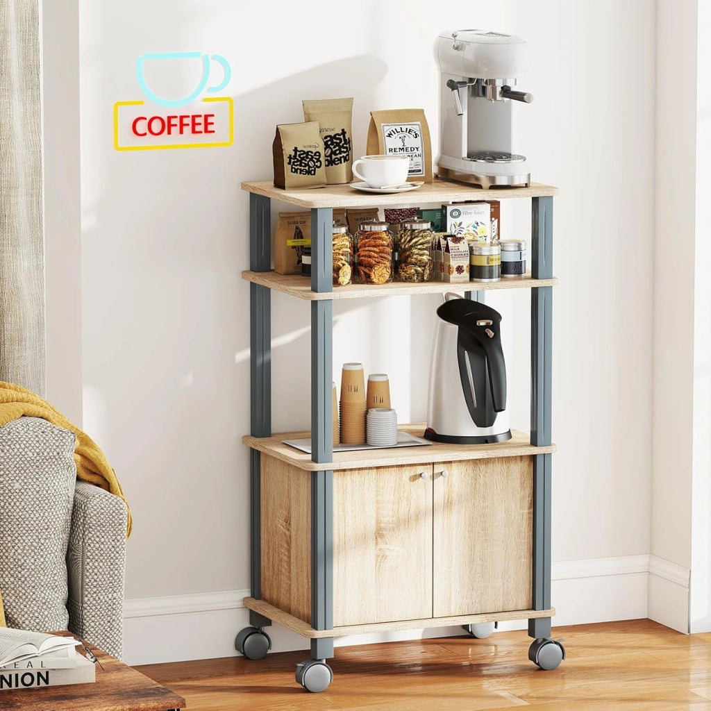Scaffale da Cucina per Microonde Carrello da Cucina, con Ruote e 2 Ante, Multifunzionale e Movimento Flessibile, 60x40x98 cm (Naturale)
