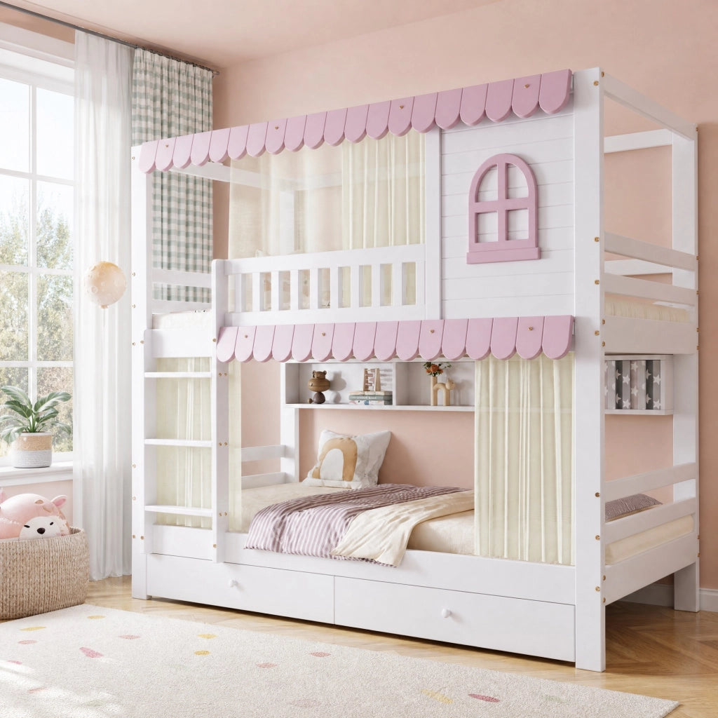 Letto a castello per bambini 90x200 cm bianco e rosa