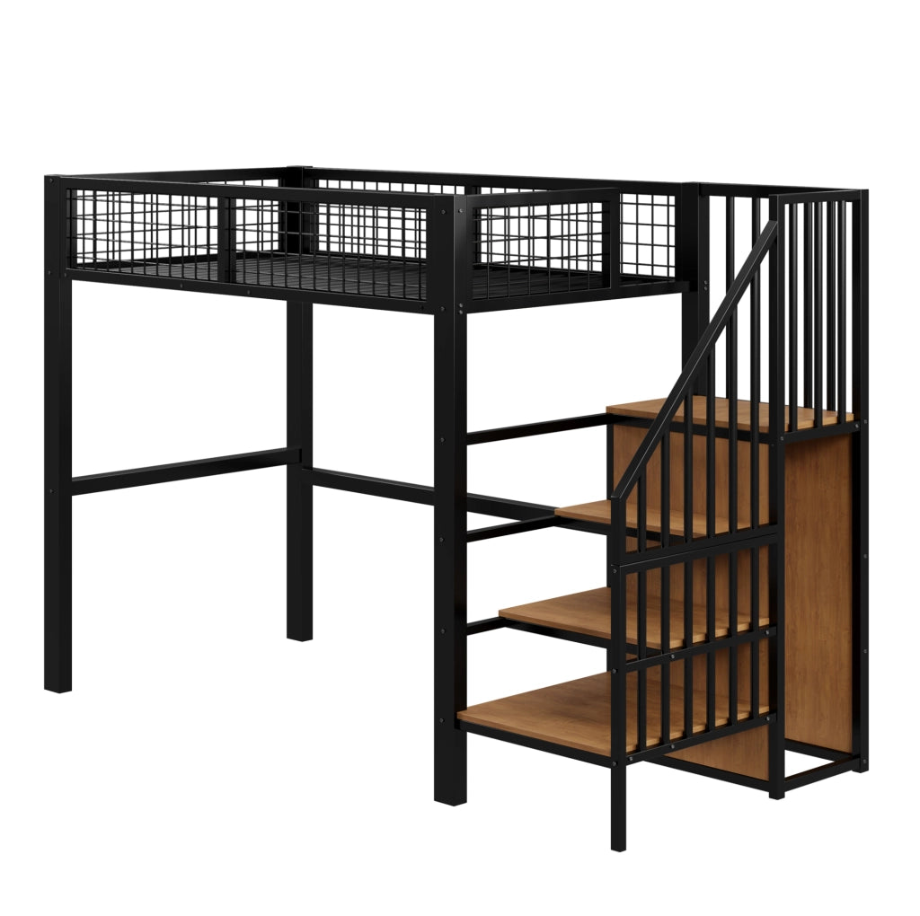 Letto a soppalco 90x200 cm con scala e armadio in metallo e MDF nero