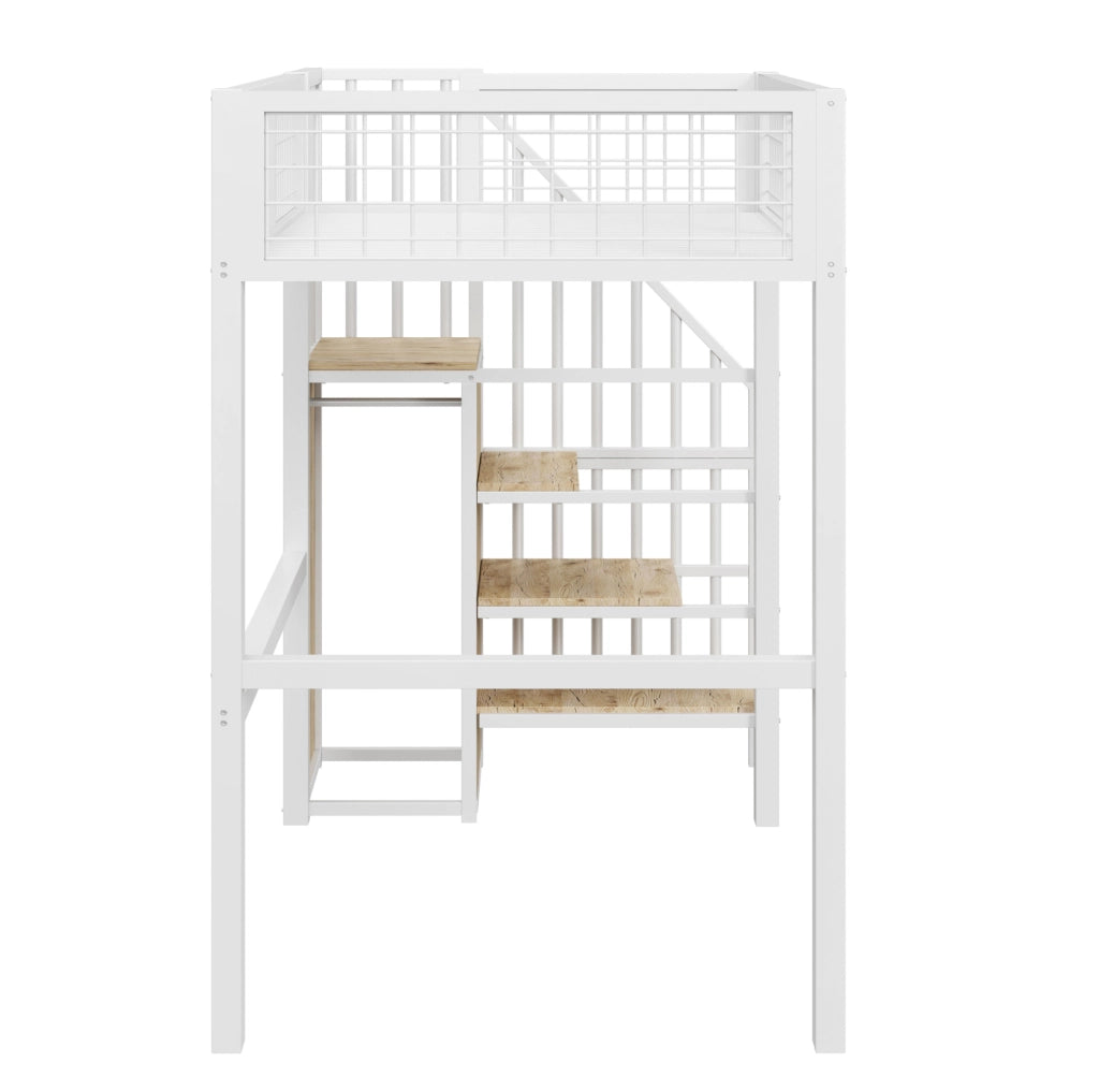Letto a soppalco 90x200 cm con scala e armadio in metallo bianco