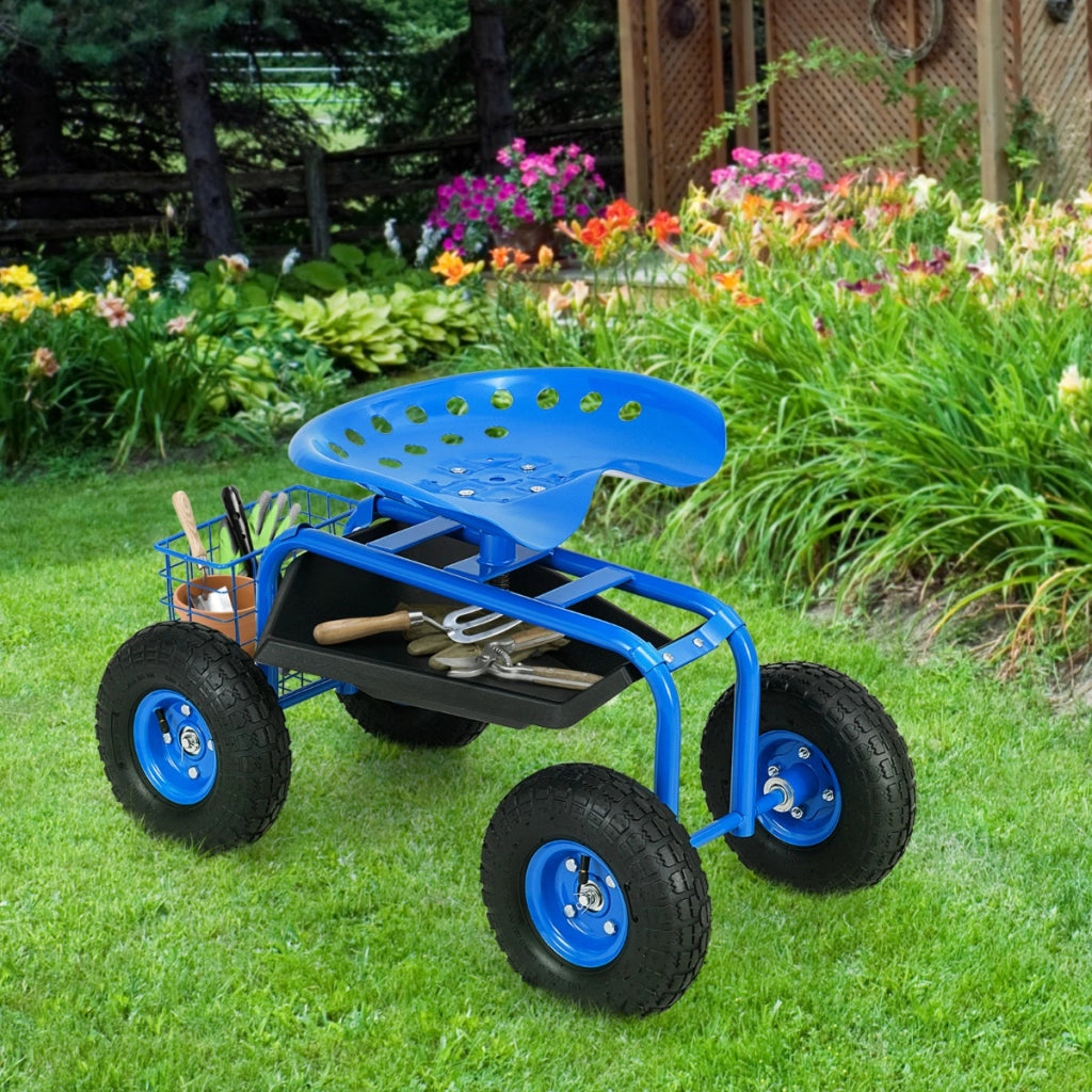 Sgabello da giardino con ruote seduta regolabile in altezza e girevole a 360¡ã cestello, Sedile per giardinaggio Blu