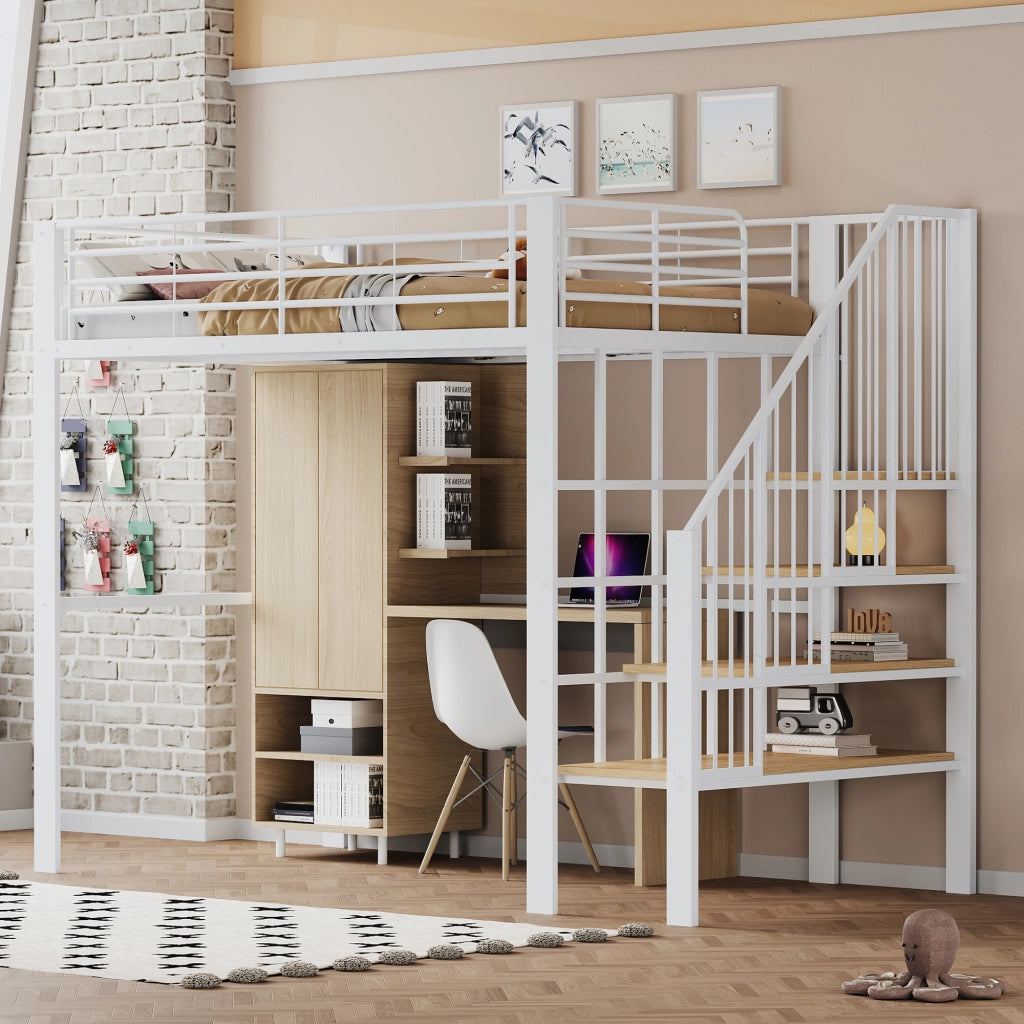 Letto a castello bianco con funzione contenitiva in metallo e legno 140x200 cm