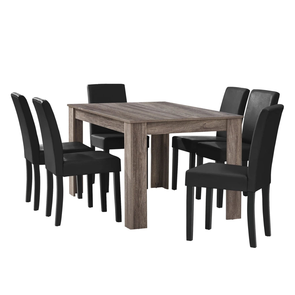 Tavolo da pranzo antico in rovere con 6 sedie rivestite in similpelle nera 140x90 cm 03_0004075