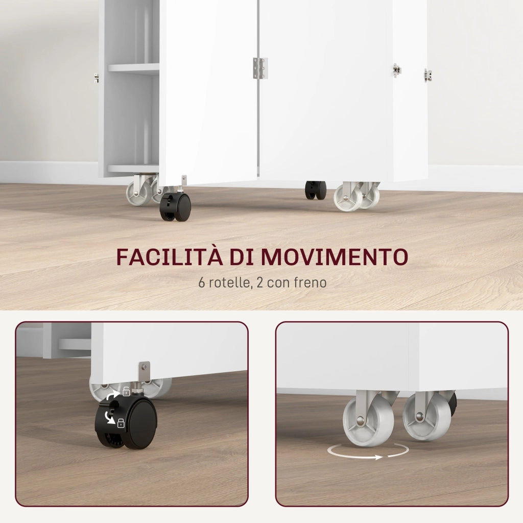 Tavolo a Ribalta Pieghevole con Ripiani a 3 Livelli Box e Rotelle 130x80x76,5 cm in MDF Bianco