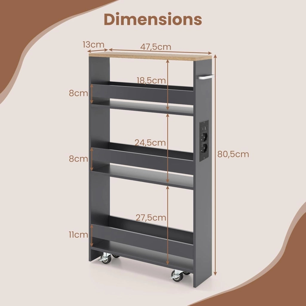 Scaffale per Nicchia da 20 cm di Larghezza, con Base di Ricarica, 4 Piani in Legno su Ruote, Scaffale Sottile per Cucina e Bagno, Carrello a Rotelle (Naturale+Grigio, Largo 13 cm, con presa)