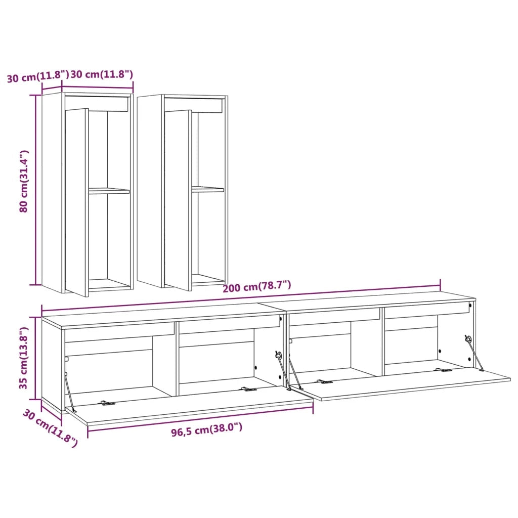Mobili TV 4 pz-Credenza per TV Bianchi in Legno Massello di Pino