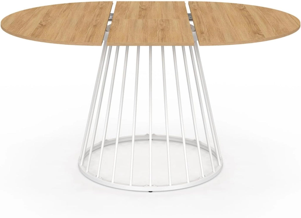 Tavolo da pranzo rotondo allungabile YUNA per 4-8 persone con piano in legno e gamba in filo metallico bianco 110-150 cm