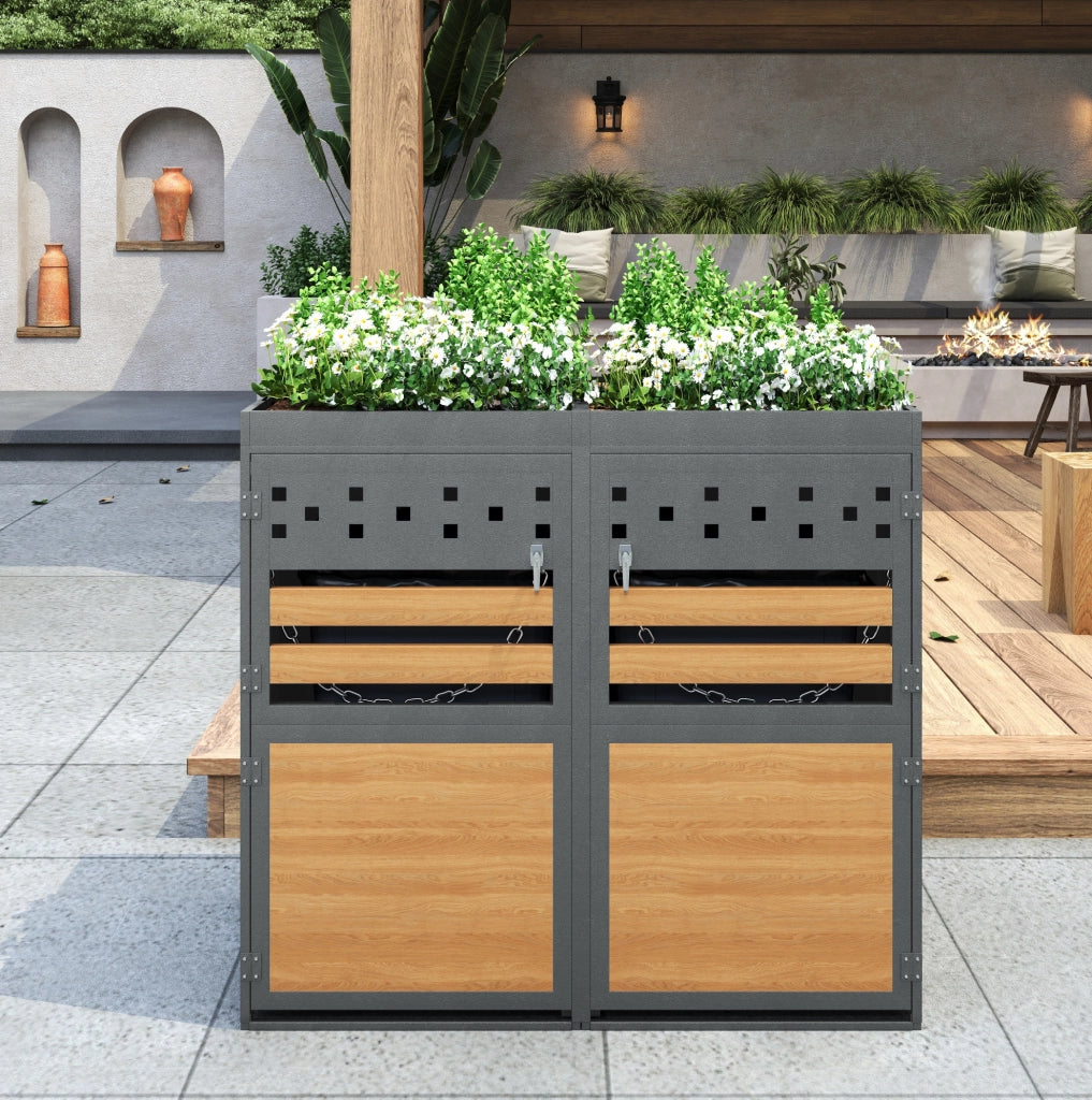 Box per bidoni rifiuti per 2 bidoni da 120-240 litri con tetto fioriera in metallo grigio naturale