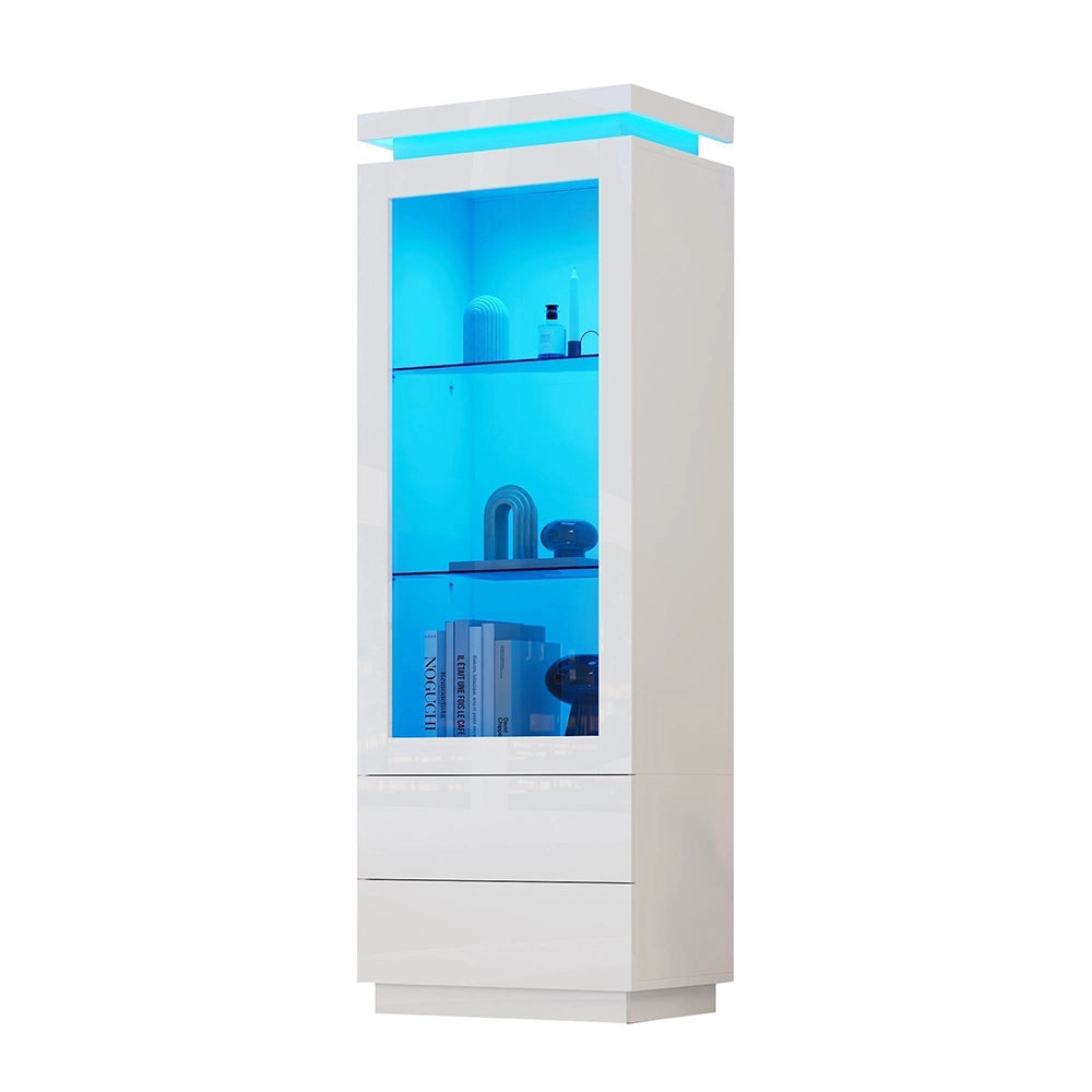 Vetrina 60x40x171 cm 2 cassetti - Xylo - vetrina alta con LED, ante in vetro, piedistallo, bianco