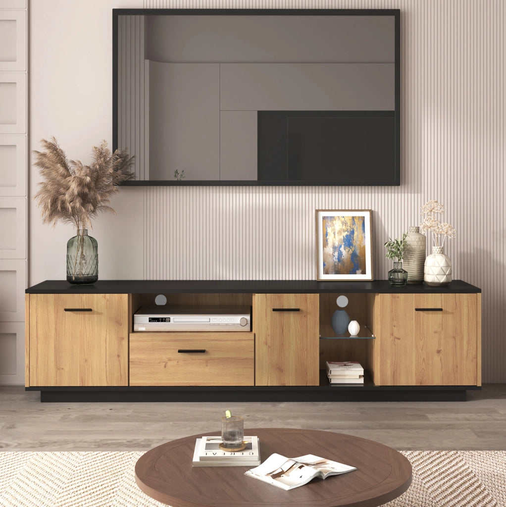 Mobile TV 180 cm nero e legno con LED, 3 ante e cassetto