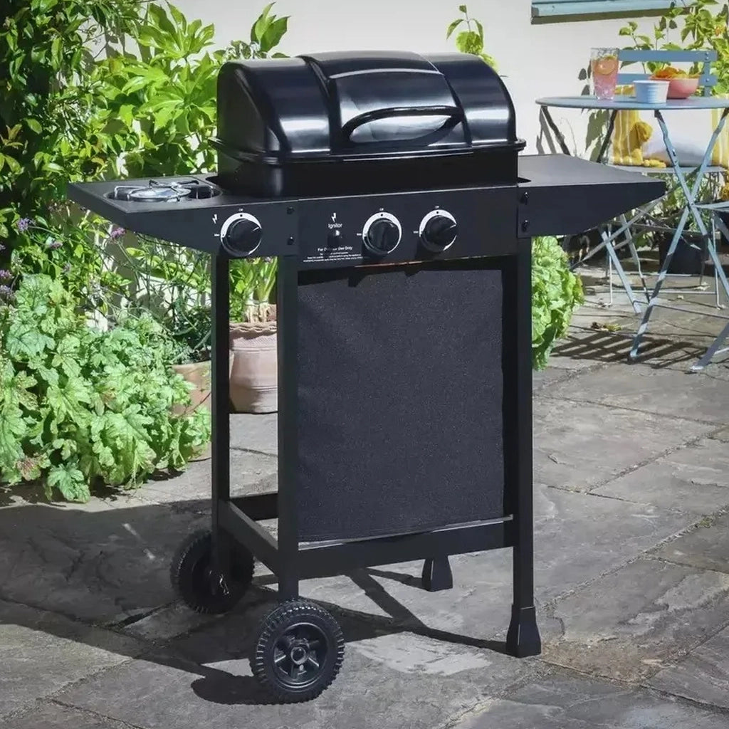 Barbecue a gas 2 Fuochi Bruciatori e fornellino laterale con ruote e Griglia Acciaio