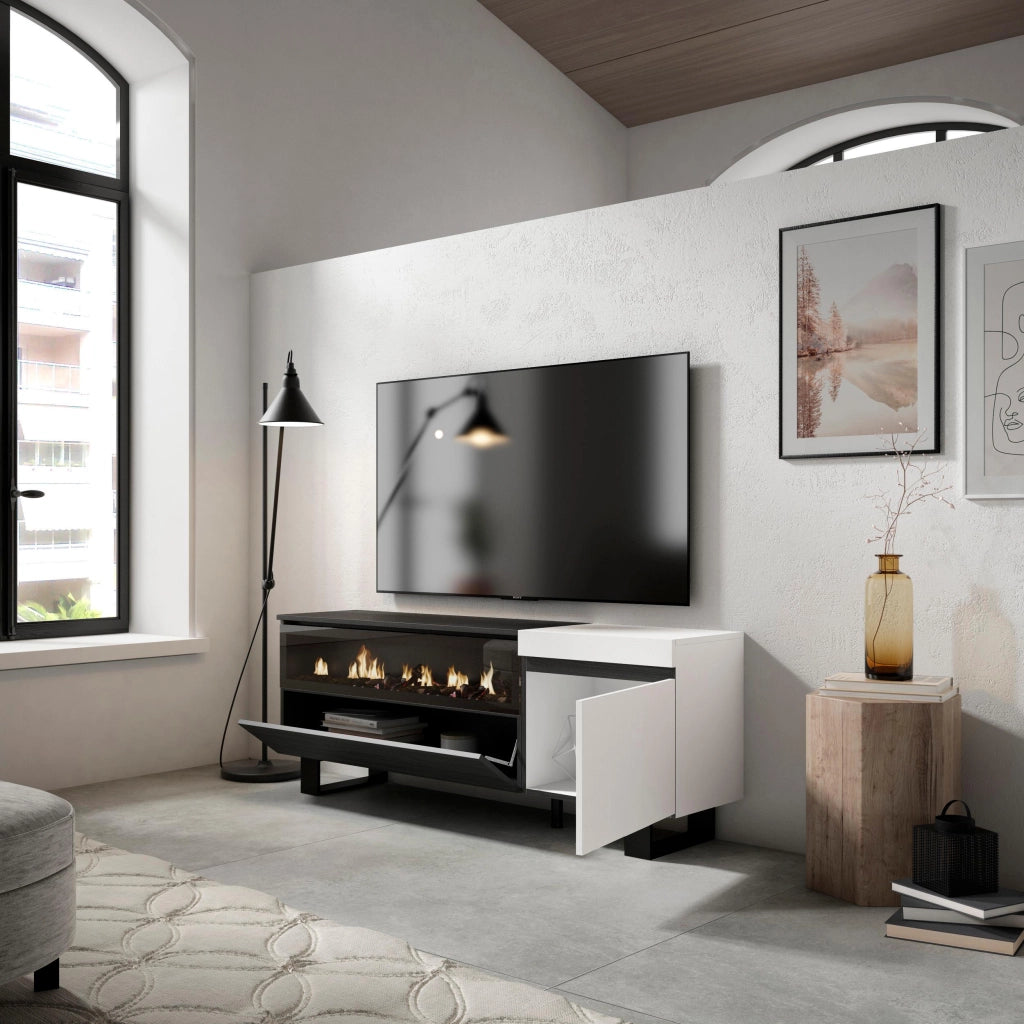 Mobile TV Soggiorno, 150x35x57cm, Per TV fino a 65", Camino elettrico, Design industriale, Bianco e nero RF2455