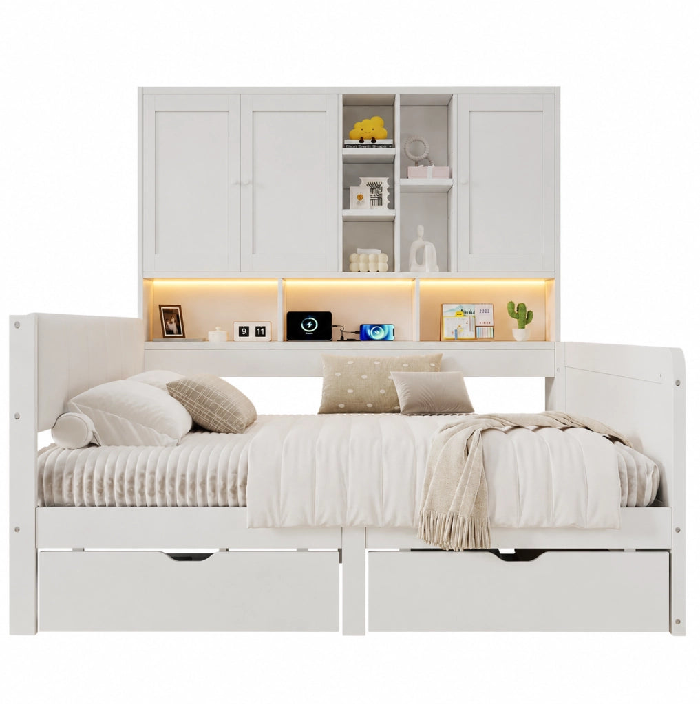 Letto contenitore 140x200 con LED, USB e vani portaoggetti bianco