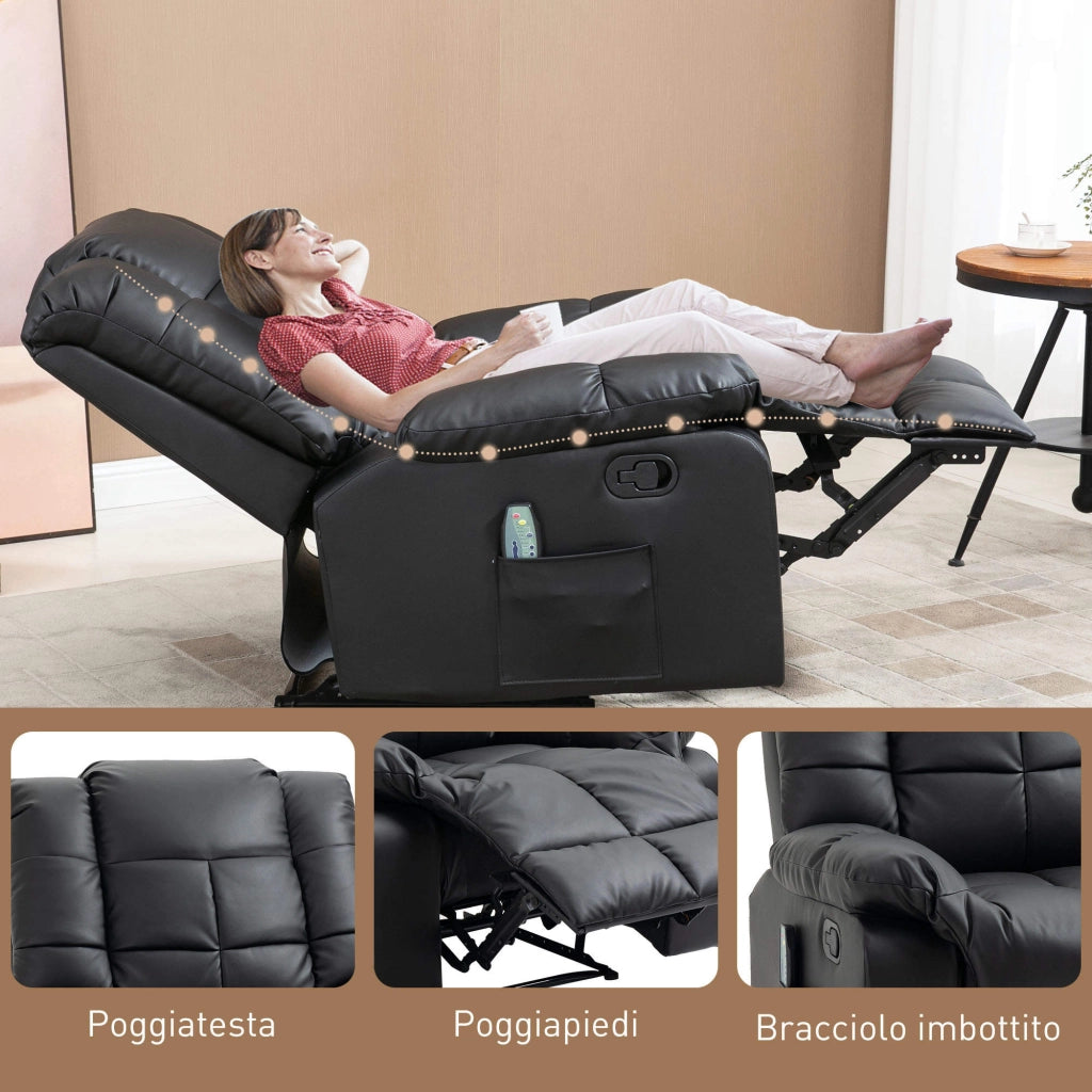 Poltrona Relax con 8 Punti Massaggio e Reclinazione a 165° in Finta Pelle Nero