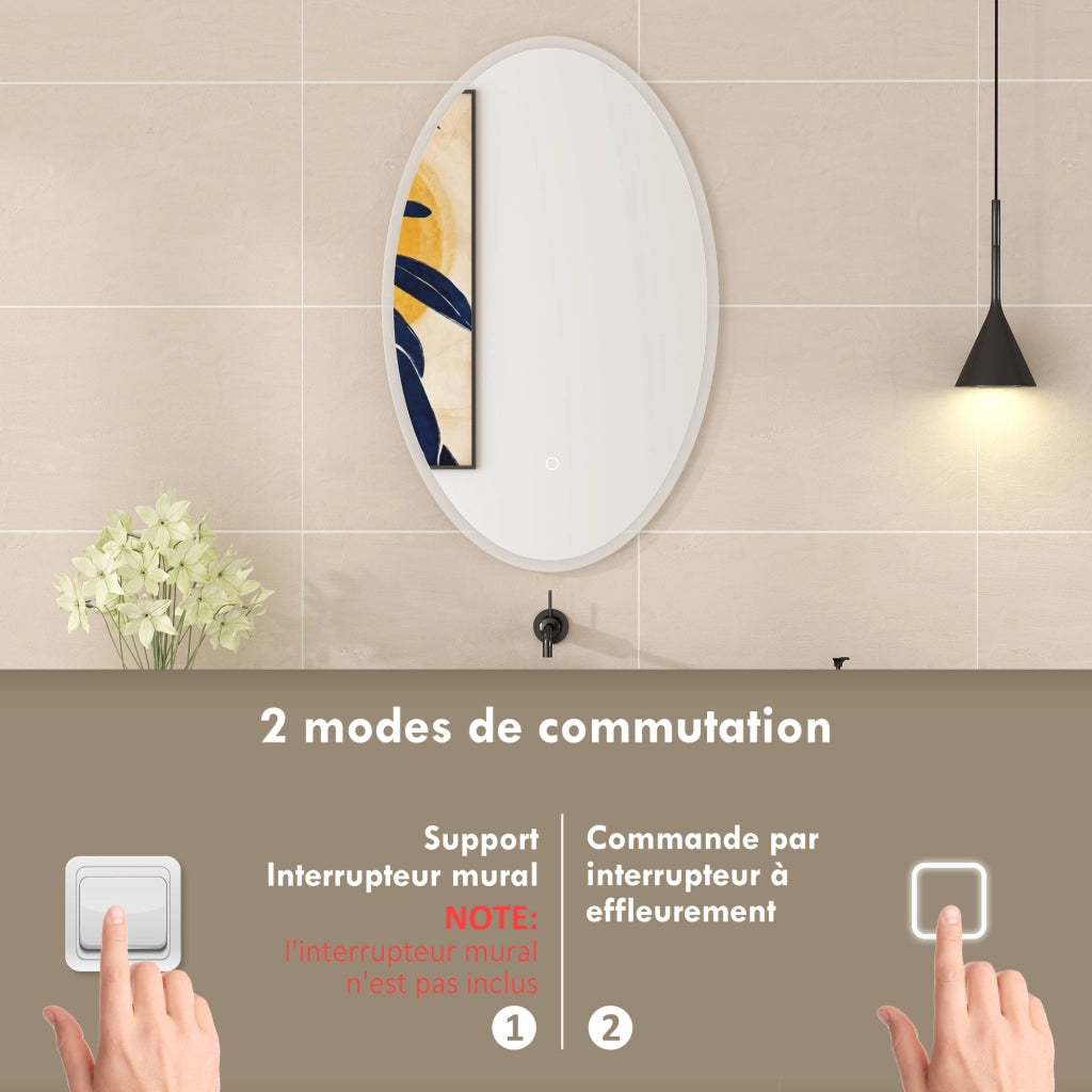 Specchio LED per Bagno Antiappannante 80x50 cm ¨C zephmum ¨C Ovale 3 Luci Regolabile