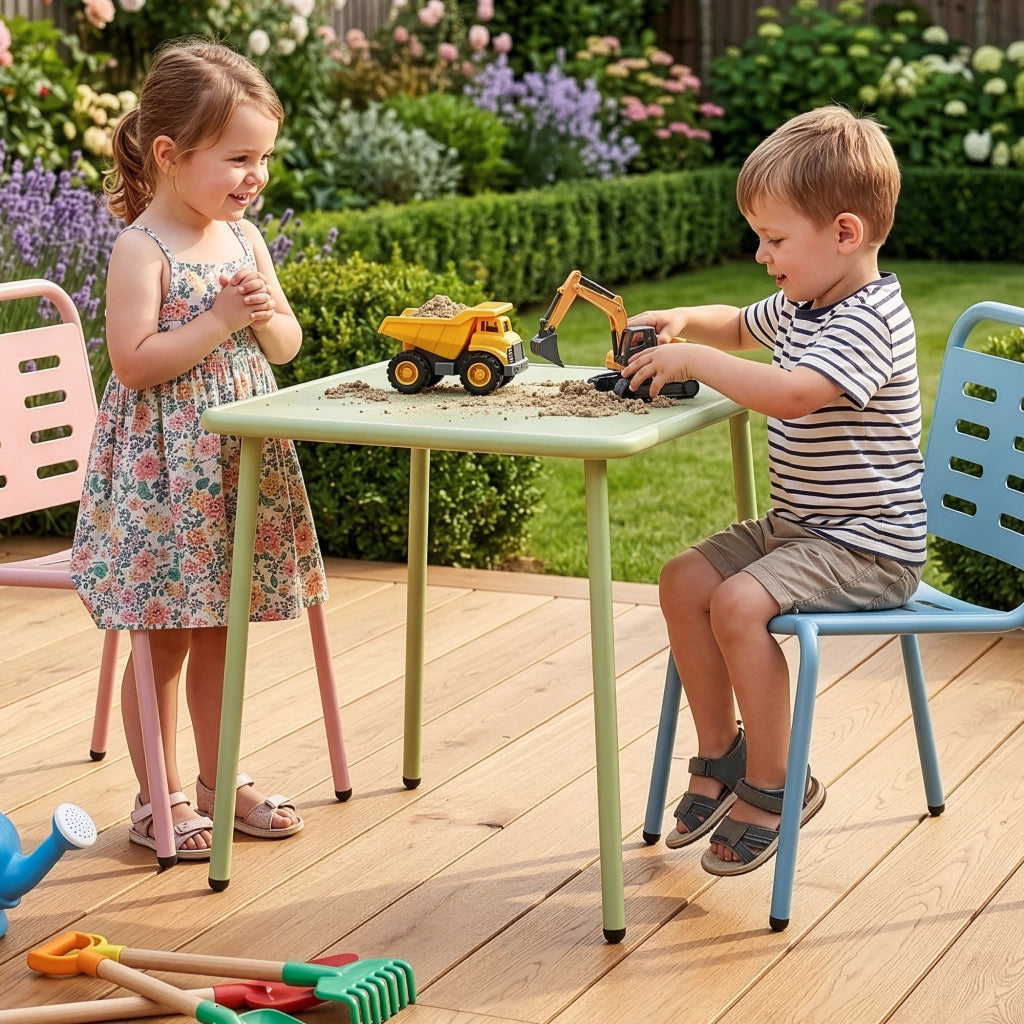 Set di 3 Mobili Etroubles per Bambini Tavolino e 2 Sedie per Esterno e Interno - Verde Salvia/Celeste/Pesca casa.pro