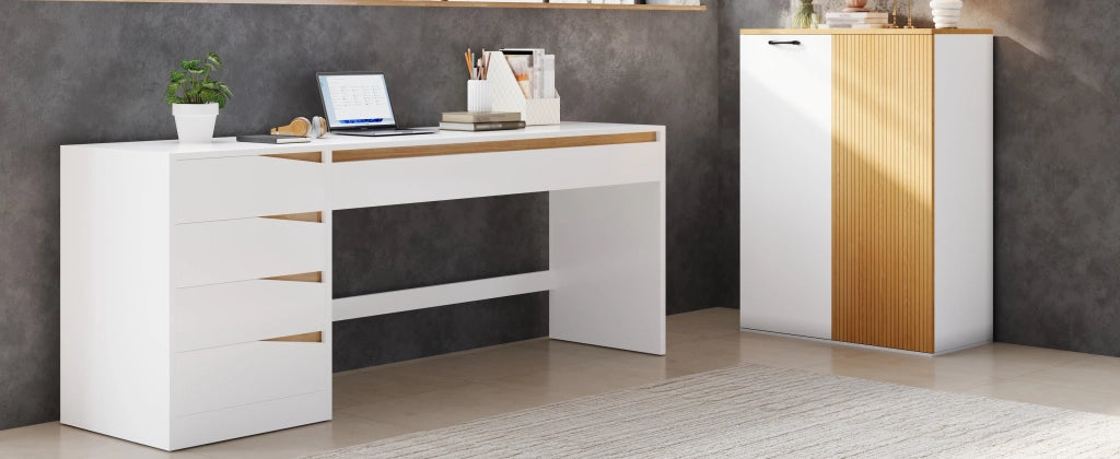Highboard 80x40x110 cm in MDF bianco e rovere, mobile contenitore moderno per ufficio